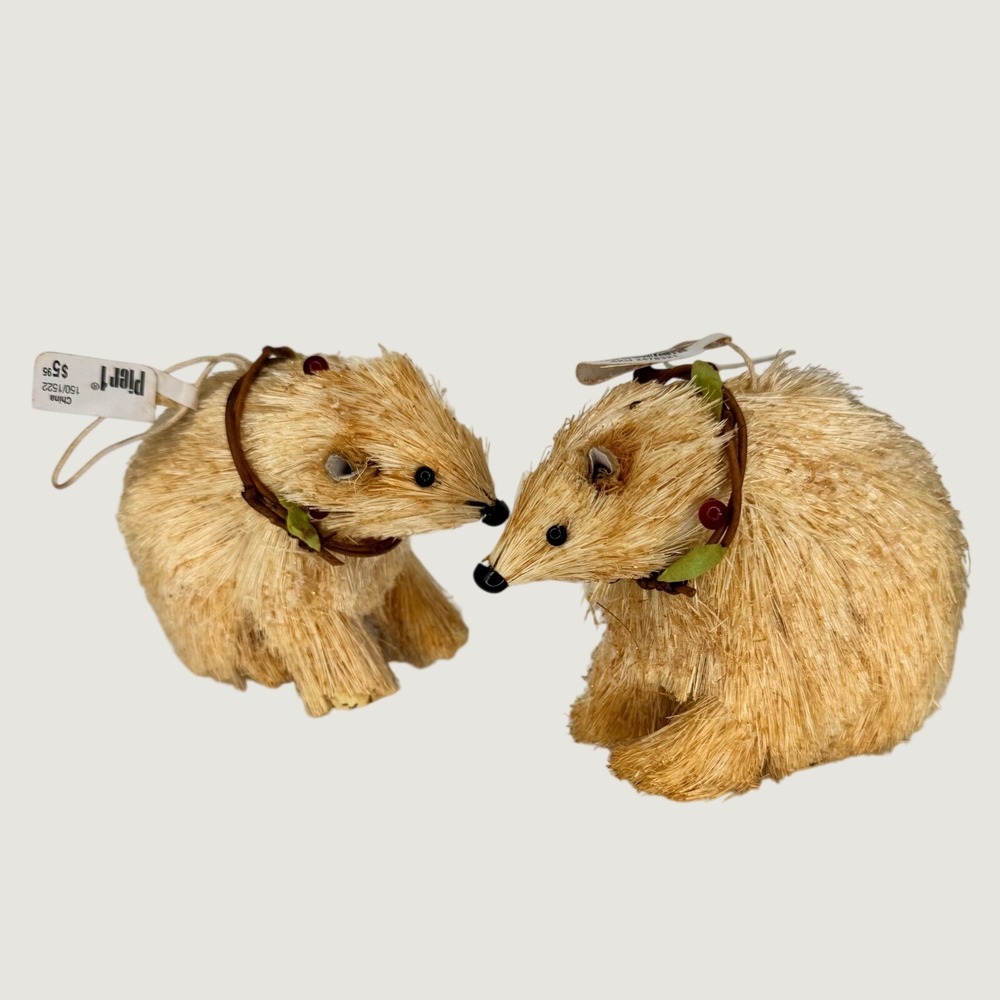 Pier 1 Imports Sisal Bristle Bear Christmas Ornaments Set of 2 Woodland Decor